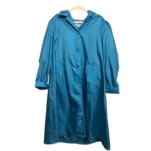 Vintage Totes Coat Teal Blue Nylon Hooded Rain Jacket Womens 14P Retro Longline